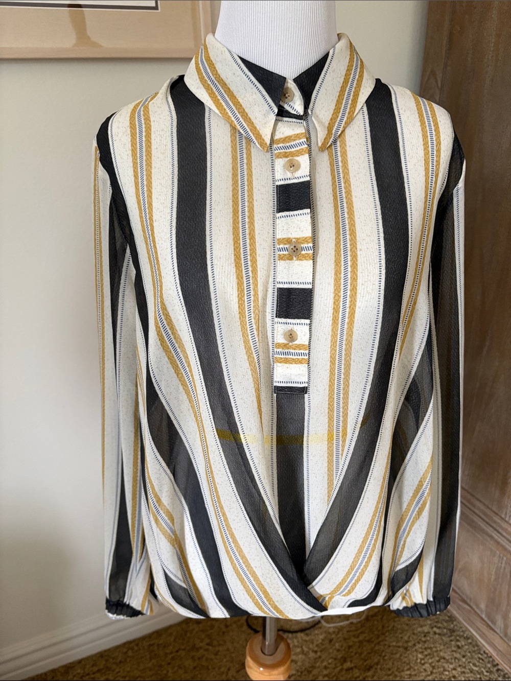 CAbi Striped Wrap-Front Blouse in White, Black & Gold